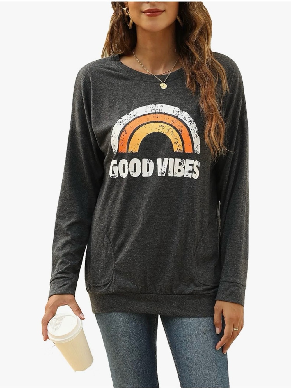 Amazon Charcoal Gray 'Good Vibes' Crewneck Sweater with Retro Rainbow